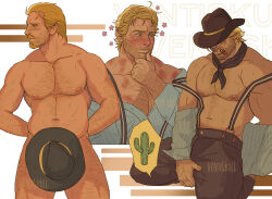 Rule 34 | 1boy, absurdres, arm hair, arthur morgan, artist name, bara, beard stubble, bite mark, black pants, blonde hair, blue eyes, blue shirt, blush, chest hair, cigar, closed mouth, completely nude, covering crotch, covering privates, cowboy hat, dilfborne (ventiskull), facial hair, hat, highres, large pectorals, male focus, muscular, muscular male, navel, nipples, nude, pants, pectorals, red dead redemption, red dead redemption 2, shirt, short hair, stubble, suspenders, topless male