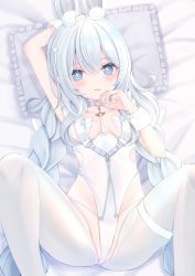 Rule 34 | 1girl, animal ear fluff, animal ears, arm behind head, arm up, ass, azur lane, blue eyes, blush, braid, breasts, crotchless, crotchless pantyhose, fake animal ears, groin, hand to own mouth, highleg, highleg leotard, highres, knees up, le malin (azur lane), le malin (listless lapin) (azur lane), legs, leotard, long hair, lying, official alternate costume, on back, pantyhose, pillow, playboy bunny, rabbit ears, sakura yunuto, silver hair, small breasts, solo, spread legs, thighs, twin braids, twintails, white leotard, white pantyhose, wrist cuffs