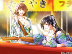 Rule 34 | 2girls, :d, ;), aqua nails, black hair, blurry, blurry background, bow, breasts, brown hair, cleavage, collarbone, copyright name, earrings, closed eyes, facing viewer, festival, flower, glint, gun, hair bow, hair flower, hair ornament, holding, holding gun, holding weapon, japanese clothes, jewelry, kimono, large breasts, lens flare, medium hair, multiple girls, nail polish, necklace, official art, one eye closed, open mouth, outdoors, pandora party project, ponytail, sharp teeth, smile, teeth, upper body, usagiya koharu, weapon, yukata