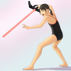 Rule 34 | 1girl, back, bad id, bad pixiv id, bare legs, bare shoulders, barefoot, black hair, brown eyes, energy sword, feet, fighting stance, hentai oyaji, highres, holding, holding sword, holding weapon, lightsaber, one-piece swimsuit, open mouth, playstation move, school swimsuit, shadow, solo, standing, swimsuit, sword, weapon
