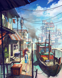 Rule 34 | 1girl, black eyes, boat, brown hair, chong feigiap, cityscape, cloud, crane (machine), day, highres, long hair, md5 mismatch, outdoors, power lines, resized, resolution mismatch, scenery, school uniform, shoes, sky, smoke, socks, solo, source smaller, standing, upscaled, watercraft