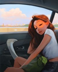 Rule 34 | 1girl, bare arms, breasts, brown eyes, brown hair, car, closed mouth, highres, indoors, lips, long hair, looking at viewer, motor vehicle, photo-referenced, real life, sam yang, short sleeves, small breasts, solo