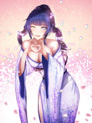 Rule 34 | 1girl, a-line, aura kingdom, bare shoulders, blue eyes, blue hair, bow, breasts, cleavage, eyebrows, female focus, grey eyes, hair bow, hair ornament, heart, heart hands, japanese clothes, kimono, large breasts, leaning forward, long hair, looking at viewer, matching hair/eyes, medium breasts, obi, one eye closed, original, parted lips, sash, shirayuki (ak), smile, solo, standing, twintails, white bow, white eyes, wink