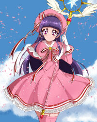 Rule 34 | 1girl, beret, blue sky, blunt bangs, capelet, cardcaptor sakura, cherry blossoms, closed mouth, cloud, cloudy sky, commentary, cosplay, cowboy shot, day, dress, frilled dress, frills, gloves, haru (nature life), hat, holding, holding staff, hoshi no tsue, izayoi liko, kinomoto sakura, kinomoto sakura (cosplay), long hair, long sleeves, looking at viewer, magical girl, mahou girls precure!, medium dress, outdoors, petals, pink capelet, pink dress, pink hat, pink thighhighs, precure, purple eyes, purple hair, sky, smile, solo, staff, standing, thighhighs, white gloves