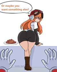 Rule 34 | 1boy, 1girl, ass, bent over, blush, boots, come hither, dodo-bot, english text, food, gloves, goggles, goggles on head, highres, huge ass, leaning forward, long hair, looking at viewer, looking back, mario, mario (series), meggy spletzer, nintendo, orange hair, pasta, pov, pov hands, presenting, red eyes, short shorts, shorts, smg4, smile, spaghetti, super mario bros. 1, teasing
