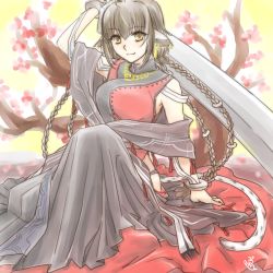 Rule 34 | 1girl, absurdly long hair, aged up, ahoge, ainu clothes, animal ears, anju (utawarerumono), aquaplus, arm up, bare shoulders, bracelet, braid, breasts, brown hair, closed mouth, dress, earrings, fang, greatsword, hair between eyes, hair ornament, hip vent, holding, holding sword, holding weapon, jewelry, kneeling, large breasts, long hair, looking at viewer, necklace, nose, off shoulder, over shoulder, purecoma, raised eyebrows, sidelocks, signature, sitting, sleeveless, smile, solo, sword, tail, thong, utawarerumono, utawarerumono: itsuwari no kamen, utawarerumono: lost flag, very long hair, weapon, weapon over shoulder, yellow eyes