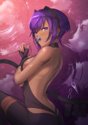 Rule 34 | 1girl, absurdres, announ (kurotya), ass, backless outfit, bare back, bare shoulders, black bodysuit, black gloves, blue flower, blush, bodysuit, breasts, commentary request, dark-skinned female, dark skin, fate/prototype, fate/prototype: fragments of blue and silver, fate (series), fingerless gloves, fingernails, flower, gloves, hair between eyes, half-closed eyes, hassan of serenity (fate), highres, holding, holding flower, kunai, looking at viewer, looking to the side, lying, medium breasts, on side, parted lips, purple eyes, purple hair, ripples, solo, weapon
