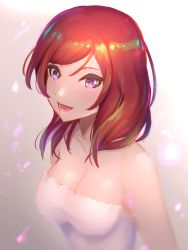 Rule 34 | 1girl, alternate costume, artist request, bare shoulders, breasts, bride, dress, female focus, formal, jewelry, looking at viewer, love live!, love live! school idol festival, love live! school idol project, medium breasts, necklace, nishikino maki, panties, purple eyes, red eyes, red hair, short hair, smile, solo, strapless, thighhighs, underwear, wedding dress, white dress