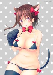 Rule 34 | 1girl, animal ears, bell, bikini, blush, breasts, brown hair, cat tail, cleavage, hagino chiaki, highres, hinako note, jingle bell, large breasts, looking at viewer, march-bunny, navel, red ribbon, ribbon, short hair, short hair with long locks, solo, swimsuit, tail, thighhighs