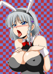 Rule 34 | 1girl, animal ears, banpresto, blue eyes, blush, breasts, checkered background, cleavage, covered erect nipples, fake animal ears, female focus, open mouth, playboy bunny, seolla schweizer, solo, super robot wars, tongue, tongue out, zerosu (take out)