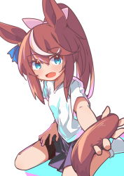 Rule 34 | 1girl, :d, animal ears, black skirt, blue eyes, colored shadow, commentary request, fang, hair between eyes, hair ribbon, high ponytail, highres, holding tail, horse ears, horse girl, horse tail, kunaru karaku nahe, long hair, looking at viewer, multicolored hair, open mouth, pink ribbon, pleated skirt, ponytail, ribbon, shadow, shirt, shoes, short sleeves, sidelocks, simple background, sitting, skirt, smile, solo, streaked hair, tail, tokai teio (umamusume), umamusume, very long hair, wariza, white background, white footwear, white hair, white shirt