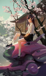 Rule 34 | 1girl, architecture, arm cannon, black skirt, blue sky, brown eyes, brown hair, character name, cherry blossoms, closed mouth, d.va (overwatch), day, dress shirt, east asian architecture, facepaint, facial mark, gatling gun, gun, headphones, li moly, lips, long hair, looking at viewer, mecha, meka (overwatch), mountain, notebook, overwatch, overwatch 1, pink lips, pleated skirt, red ribbon, ribbon, robot, school uniform, shirt, shoes, sitting, skirt, sky, sleeves rolled up, socks, solo, tree, weapon, whisker markings, white shirt, white socks