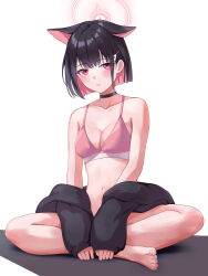 Rule 34 | 1girl, absurdres, animal ears, barefoot, black choker, black hair, black jacket, blue archive, blush, bra, breasts, cat ears, choker, cleavage, collarbone, colored inner hair, extra ears, full body, hair ornament, hairclip, halo, highres, jacket, kazusa (blue archive), large breasts, long sleeves, looking at viewer, multicolored hair, navel, noomaru (nomorepeople), open mouth, pink bra, pink hair, pink halo, red eyes, short hair, simple background, sitting, solo, underwear, white background