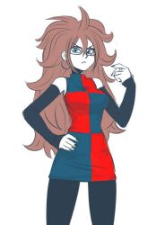 Rule 34 | 1girl, android 21, arm warmers, artist request, big hair, black-framed eyewear, black nails, black pantyhose, blue eyes, brown hair, curly hair, dragon ball, dragon ball fighterz, dress, earrings, female focus, glasses, hoop earrings, jewelry, long hair, multicolored clothes, multicolored dress, nail polish, pantyhose, simple background, solo, standing, white background