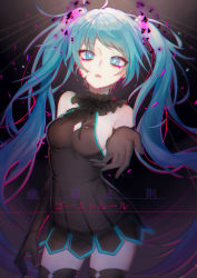 Rule 34 | 1girl, black choker, black dress, black gloves, black thighhighs, blue eyes, blue hair, breasts, choker, cleavage cutout, clothing cutout, dress, egg (rxlal), elbow gloves, floating hair, ghost rule (vocaloid), gloves, hair between eyes, hatsune miku, highres, long hair, looking at viewer, open mouth, short dress, sideboob, sleeveless, sleeveless dress, small breasts, solo, standing, thighhighs, twintails, very long hair, vocaloid, zettai ryouiki