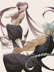 Rule 34 | 1boy, 1girl, 2023, artist name, bandaged arm, bandaged leg, bandages, blue hair, braid, braided ponytail, chinese clothes, clenched hand, closed eyes, commentary request, dated, double bun, fighting stance, hair bun, long hair, low ponytail, mui (undead unluck), ponytail, shen (undead unluck), signature, simple background, toohuah231, twintails, undead unluck, very long hair