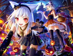 Rule 34 | 2girls, all fours, animal ears, bad id, bad pixiv id, bat (animal), bow, candy, cat ears, cat tail, elbow gloves, facial mark, fang, food, full moon, gloves, green eyes, hair bow, halloween, highres, jack-o&#039;-lantern, jewelry, lollipop, long hair, looking at viewer, mimitoke, moon, multiple girls, necklace, night, open mouth, original, red eyes, ring, short hair, sleeveless, tail, thighhighs, white hair