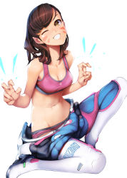 Rule 34 | 1girl, ;d, ataruman, blizzard (company), boots, bra, breasts, brown hair, cleavage, clothes down, company name, d.va (overwatch), facepaint, facial mark, full body, grin, groin, highres, logo, looking at viewer, medium breasts, navel, one eye closed, open mouth, overwatch, overwatch 1, panties, pilot suit, pink bra, pink panties, shiny skin, simple background, skin tight, smile, solo, sports bra, stomach, sweat, sweatdrop, teeth, thigh boots, thighhighs, underwear, undressing, whisker markings, white background