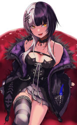 Rule 34 | 1girl, absurdres, belt, black belt, black coat, black dress, black hair, black thighhighs, breasts, choker, cleavage, coat, dress, fur-trimmed coat, fur trim, highres, hololive, hololive english, lace-trimmed choker, lace trim, large breasts, long sleeves, medium hair, multicolored hair, open mouth, shiori novella, shiori novella (1st costume), single thighhigh, smile, split-color hair, striped clothes, striped thighhighs, thighhighs, virtual youtuber, white hair, yellow eyes, yorick (shiori novella), yuu (primenumber7)