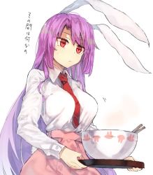 Rule 34 | 1girl, animal ears, bad id, bad twitter id, between breasts, bowl, breasts, chopsticks, commentary request, frown, holding, large breasts, long hair, long sleeves, necktie, pink skirt, purple hair, rabbit ears, rabbit girl, rabbit head, rabbit tail, red eyes, reisen udongein inaba, shirt, skirt, solo, steam, suminagashi, tail, touhou, translated, tray, very long hair, white shirt