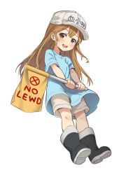 Rule 34 | 10s, 1girl, blouse, blue shirt, blush, boots, brown eyes, brown hair, character name, child, female focus, flag, full body, hat, hataraku saibou, highres, holding, holding flag, long hair, looking at viewer, looking to the side, open mouth, piano-alice, platelet (hataraku saibou), rubber boots, shirt, short sleeves, shorts, solo, teeth, white hat