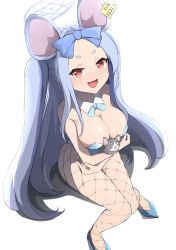 Rule 34 | 1girl, alternate costume, animal ears, blue archive, breasts, cleavage, collarbone, commentary request, fishnet legwear, fishnets, forehead, halo, highres, jinjashurine, leotard, long hair, mouse (animal), mouse ears, nontraditional playboy bunny, open mouth, playboy bunny, red eyes, saya (blue archive), simple background, solo, white background