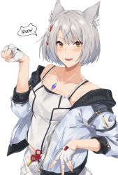 Rule 34 | 1girl, animal ear fluff, animal ears, braid, breasts, chest jewel, collarbone, gloves, grey jacket, hair between eyes, half gloves, highres, jacket, kamu (kamuuei), looking at viewer, mio (xenoblade), off shoulder, open mouth, paw pose, silver hair, skirt, small breasts, smile, speech bubble, tank top, white background, white gloves, white skirt, white tank top, xenoblade chronicles (series), xenoblade chronicles 3, yellow eyes