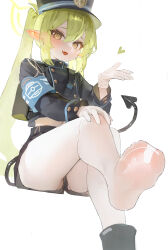 Rule 34 | 1girl, armband, black footwear, black jacket, black shorts, blue archive, blue armband, blush, boots, demon tail, fang, feet, foot focus, foreshortening, gloves, green hair, hair between eyes, halo, hat, heart, nozomi (blue archive), highres, invisible chair, jacket, long hair, long sleeves, looking at viewer, open mouth, orange eyes, pantyhose, pointy ears, presenting foot, shoes, shorts, sidelocks, simple background, single shoe, sitting, skin fang, soles, solo, spread toes, tail, toes, twintails, very long hair, white background, white gloves, white pantyhose, yonchan