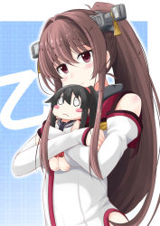 Rule 34 | 1girl, blush, brown eyes, brown hair, character doll, commentary request, crossed arms, detached sleeves, hugging doll, hip vent, ichimi, kantai collection, long hair, looking at viewer, hugging object, ponytail, smile, solo, two-tone background, upper body, yahagi (kancolle), yamato (kancolle)