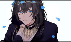Rule 34 | 1boy, bishounen, black gloves, black hair, blue eyes, blue flower, blue rose, fate/grand order, fate (series), flower, gloves, head rest, head wreath, highres, looking at viewer, male focus, oberon (fate), oberon (overnight dream) (fate), petals, rose, simple background, smile, solo, spoilers, sumi (gfgf 045), upper body, white background