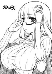 Rule 34 | 1girl, adjusting eyewear, bespectacled, breasts, crescent, crescent hair ornament, female focus, glasses, greyscale, hair ornament, hair ribbon, large breasts, long hair, monochrome, namidame, no headwear, no headwear, patchouli knowledge, ribbed sweater, ribbon, solo, sweater, touhou, upper body