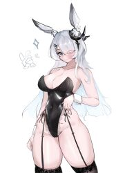 Rule 34 | 1girl, absurdres, animal ears, arknights, bare shoulders, breasts, cameltoe, doctor (arknights), fake animal ears, frostnova (arknights), garter straps, grey eyes, highres, large breasts, layton (sanlayton), leotard, playboy bunny, rabbit ears, simple background, sketch, solo, strapless, strapless leotard, thick thighs, thighs, white background, wrist cuffs