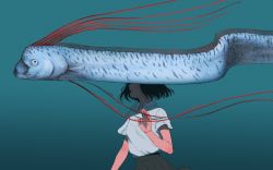 Rule 34 | 1girl, animal, bare arms, black hair, black skirt, blouse, blue background, bob cut, collared shirt, covered eyes, fish, floating hair, from side, hand up, oarfish, open mouth, original, pleated skirt, polo shirt, shirt, shokugyo, short hair, short sleeves, skirt, submerged, white shirt