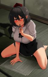 Rule 34 | 1girl, absurdres, arm support, barefoot, bird, black hair, black neckwear, black ribbon, black skirt, blush, breasts, closed mouth, commentary request, crow, from above, hair between eyes, half-closed eyes, hand up, hat, highres, holding, holding pen, indoors, large breasts, looking at viewer, mizuga, pen, pen to mouth, petticoat, pointy ears, puffy short sleeves, puffy sleeves, red eyes, red hat, ribbon, shadow, shameimaru aya, shirt, short hair, short sleeves, sitting, skirt, smile, solo, tatami, tokin hat, touhou, wall, wariza, white shirt, wing collar