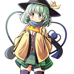 Rule 34 | 1girl, adapted costume, bad id, bad pixiv id, black hat, black thighhighs, blouse, blush, candy, chocolate, chocolate heart, collared shirt, commentary request, cowboy shot, floral print, food, green eyes, hat, hat ribbon, heart, hugging object, komeiji koishi, long sleeves, oimo (imoyoukan), ribbon, scarf, shirt, silver hair, simple background, skirt, smile, solo, thighhighs, thighs, third eye, touhou, valentine, white background, wide sleeves, yellow shirt, zettai ryouiki