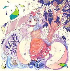 Rule 34 | 1girl, arms up, bare shoulders, bow, branch, breasts, closed mouth, detached sleeves, dress, grey hair, hands up, highres, itomugi-kun, knife, leaf, long hair, long sleeves, looking to the side, medium breasts, multicolored clothes, multicolored dress, ocean, orange dress, red bow, red dress, red eyes, sakata nemuno, solo, standing, touhou, tree, water, waves, weapon, wide sleeves, yellow background, yellow dress