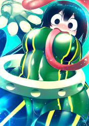Rule 34 | 1girl, asui tsuyu, black eyes, black hair, bodysuit, boku no hero academia, boots, breasts, face paint, goggles, goggles on head, green bodysuit, hakkasame, highres, large breasts, long tongue, looking to the side, matching hair/eyes, open mouth, purple background, sidelocks, solo, thigh boots, thighhighs, tongue, tongue out