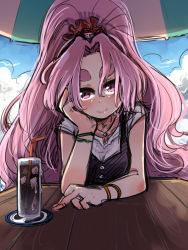 Rule 34 | 10s, 1girl, alternate costume, amagaeru (hylathewet), cloud, cup, day, drink, drinking, drinking glass, drinking straw, eyebrows, hair ornament, hand on own cheek, hand on own face, hatsuharu (kancolle), head rest, highres, ice, ice cube, jewelry, kantai collection, long hair, looking at viewer, ponytail, purple eyes, purple hair, ring, short eyebrows, sky, smile, solo, table, umbrella, very long hair, wedding band, wedding ring