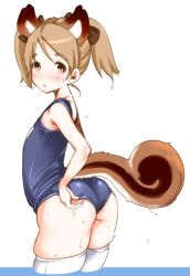 Rule 34 | 1girl, adjusting clothes, adjusting swimsuit, animal ears, ass, blush, brown eyes, brown hair, elin, from behind, looking back, mojarin (kihara mojarin), one-piece swimsuit, partially submerged, school swimsuit, short hair, skindentation, solo, squirrel ears, swimsuit, tail, tera online, thighhighs, twintails, wading, water