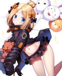 Rule 34 | 1girl, abigail williams (fate), abigail williams (traveling outfit) (fate), balloon, bikini, bikini bottom only, bikini under clothes, black bikini, black bow, black jacket, blonde hair, blue eyes, blush, bow, closed mouth, commentary request, crossed bandaids, fate/grand order, fate (series), fou (fate), hair bow, hair bun, head tilt, highres, jacket, long hair, long sleeves, looking at viewer, medjed (fate), navel, official alternate costume, open clothes, open jacket, orange bow, parted bangs, polka dot, polka dot bow, sasai saji, simple background, single hair bun, sleeves past fingers, sleeves past wrists, solo, sparkle, stuffed animal, stuffed toy, swimsuit, teddy bear, twitter username, white background