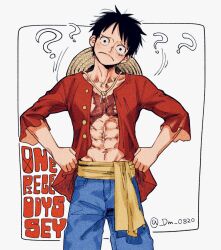 Rule 34 | ?, black hair, copyright name, dm 0820, english text, frown, hands on own hips, hat, head tilt, looking at viewer, male focus, monkey d. luffy, muscular, muscular male, navel, one piece, open clothes, red shirt, sash, scar, scar on chest, scar on face, shirt, short hair, straw hat, twitter username, white background, yellow sash