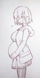 Rule 34 | 1girl, ^ ^, big belly, blush, breasts, closed eyes, corrupted twitter file, fate/grand order, fate (series), glasses, hair over one eye, highres, hood, hooded jacket, jacket, large breasts, long sleeves, mash kyrielight, monochrome, pantyhose, pregnant, short hair, skirt, smile, solo, traditional media, translation request, tsukareta san