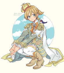 Rule 34 | 1girl, animal, animal on shoulder, asa (asa 410st), bird, bird on shoulder, blonde hair, blue sky, blush, boots, bow, bowtie, brown footwear, buttons, cape, circle, closed mouth, cloud, commentary request, crown, daiba nana, epaulettes, frilled shorts, frilled sleeves, frills, full body, gem, glasses, gold trim, green eyes, green gemstone, grey jacket, grey shorts, hair between eyes, interlocked fingers, jacket, long sleeves, looking at animal, looking to the side, official alternate costume, open clothes, open jacket, orange bow, orange bowtie, outstretched arms, own hands together, pearl (gemstone), puffy shorts, red gemstone, shirt, short hair, short twintails, shorts, shoujo kageki revue starlight, shoujo kageki revue starlight -re live-, sideways glance, sky, sleeve cuffs, smile, solo, squatting, striped clothes, striped shorts, thighhighs, tilted headwear, twintails, twitter username, white cape, white shirt, white thighhighs, yellow background