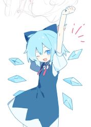 Rule 34 | 1girl, ;d, arm up, blue bow, blue dress, blue eyes, blue hair, bow, cirno, cowboy shot, detached wings, diamond (shape), dress, hair bow, ice, ice wings, light blue hair, looking at viewer, neck ribbon, notice lines, one eye closed, open mouth, puffy short sleeves, puffy sleeves, red ribbon, ribbon, short hair, short sleeves, sidelocks, simple background, smile, solo, stretching, touhou, white background, wings, wmikawa