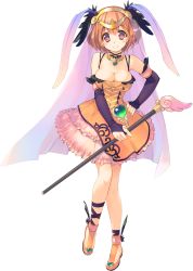 Rule 34 | 1girl, amazuyu tatsuki, breasts, brown hair, choker, cleavage, dungeon travelers 2, full body, green eyes, hand on own hip, headdress, highres, holding, large breasts, looking at viewer, official art, red eyes, short hair, smile, solo, transparent background, veil, wand, yuni korgtech