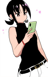 Rule 34 | 1girl, belt, black belt, black hair, black shirt, breasts, brown eyes, cellphone, closed mouth, ears, eyebrows hidden by hair, highres, lineni, nose, original, pants, phone, ponytail, shirt, simple background, sleeveless, small breasts, solo, straight-on, turtleneck, white background, white pants