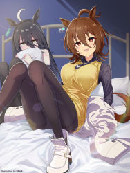 Rule 34 | 2girls, absurdres, agnes tachyon (umamusume), ahoge, animal ears, black hair, black legwear, black neckwear, black shirt, blush, breasts, brown hair, chemical structure, chinese commentary, coat, unworn coat, collared shirt, commentary, ear piercing, earrings, empty eyes, hair between eyes, highres, hmax, holding, holding pillow, horse ears, horse girl, jewelry, lab coat, large breasts, long hair, looking at viewer, manhattan cafe (umamusume), messy hair, mixed-language commentary, multiple girls, necktie, on bed, pale skin, pantyhose, piercing, pillow, red eyes, school uniform, shirt, short hair, single earring, sitting, smile, sweater, sweater vest, tracen school uniform, umamusume, yellow eyes, yellow sweater