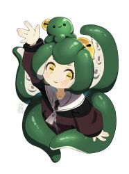 Rule 34 | 1girl, absurdres, arm up, artist name, blush, borrowed character, cropped torso, green hair, highres, horizontal pupils, long sleeves, no nose, original, shadow, shu (kumakun), simple background, solo, suction cups, tentacle hair, tostantan, upper body, white background, yellow eyes, zipper pull tab