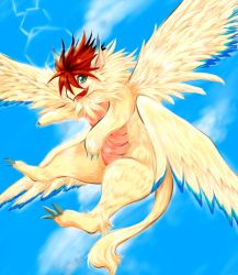 Rule 34 | beak, blue eyes, fang, feathers, flammie, flying, multiple wings, no humans, orange hair, seiken densetsu, seiken densetsu 2, solo, tail, talons, wings