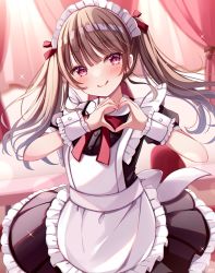 Rule 34 | 1girl, :q, apron, bed, black dress, blurry, blurry background, blush, bow, brown hair, canopy bed, closed mouth, collared dress, commentary request, depth of field, dress, frilled apron, frilled dress, frills, hair bow, long hair, maid, maid apron, maid headdress, original, pleated dress, red bow, red eyes, sakura hiyori, smile, solo, tongue, tongue out, twintails, white apron, wrist cuffs